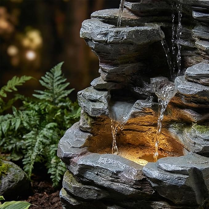 20-Inch Outdoor Water Fountain, 5-Tier Cascading Rock Resin Water Fountain with Warm LED Light, Stone Imitation, Outdoor Water Feature for Garden, Patio, Yard, Deck, Porch, Lawn in Gray