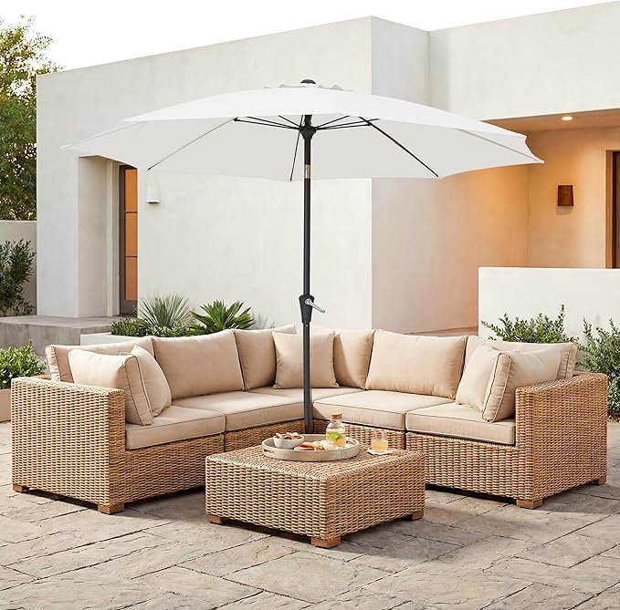 JEAREY 9FT Outdoor Patio Umbrella,Market Table Umbrella with 8 Fiberglass Ribs, Pool Umbrella with Tilt and Crank, UV Protection Lightweight & Wind-Resistant for Lawn, Garden, Deck and Backyard, Cream White