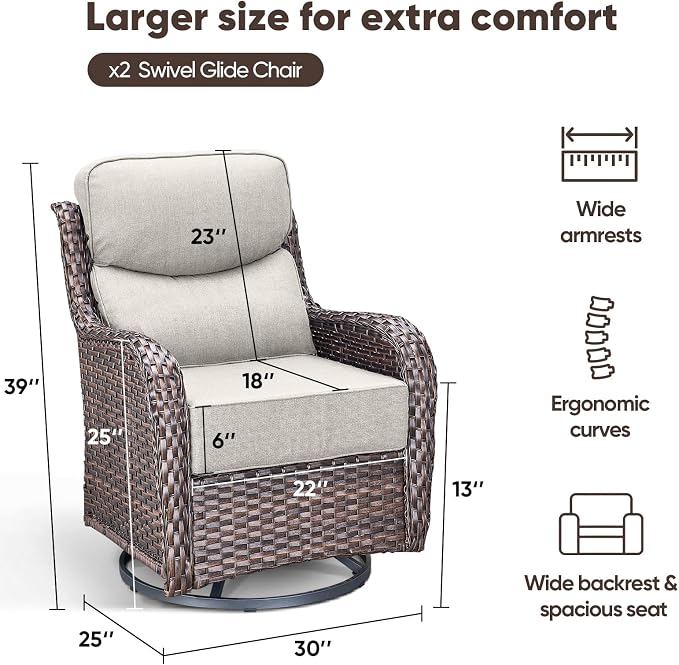 Swivel Patio Chairs sofa Set of 2 with 6" Thick Cushion - Wicker Outdoor Swivel Rocker Patio Chair ,Sofa/Glass coffee table, High Back Comfortable Outdoor Glider Chairs - Brown Wicker | Beige Cushions