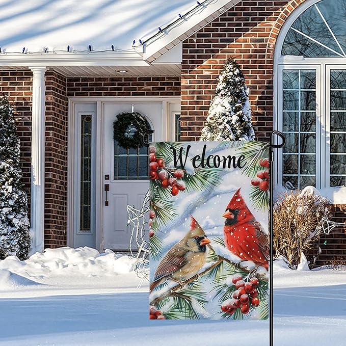 Winter Cardinal Garden FLag 12X18 IN Double Sided Welcome Winter Garden Flags for Xmas Holiday Farmhouse Yard Outside Decoration