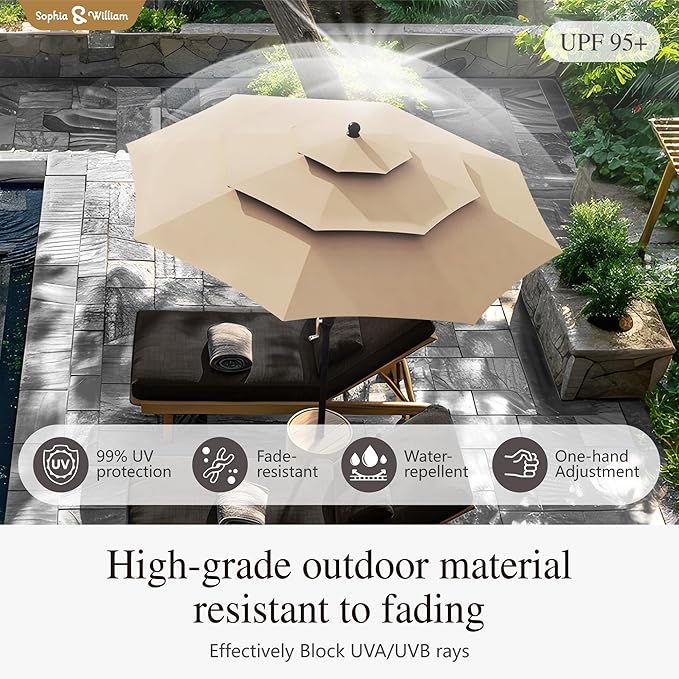 Sophia & William 10ft 3 Tier Auto-tilt Patio Umbrella,Wind Resistent,Outdoor Patio Umbrellas Double Vented Umbrella with Crank for Pool Garden Backyard, Beige