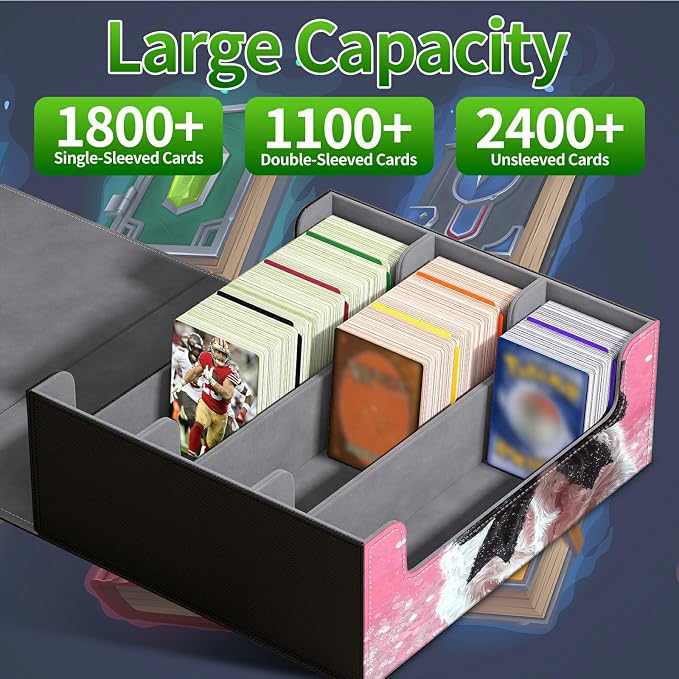 Large Card Deck Box for MTG, Fits 1200+ Sleeved Cards, PU Leather Storage Case with Strong Magnetic Closure, Multiple Colors for TCG CCG Baseball Card Collections, Pink Flower White Cow