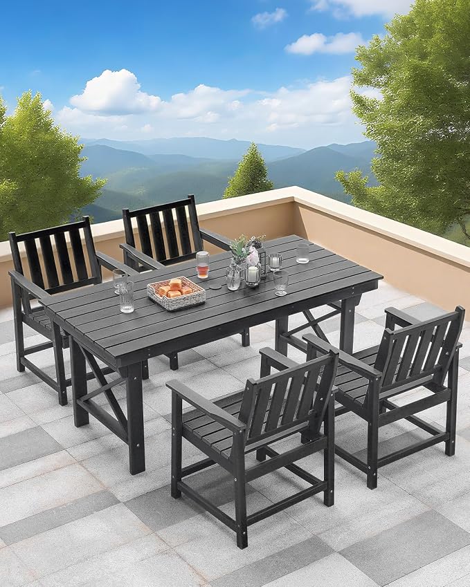 5-Piece Patio Dining Table Sets, All Weather Outdoor HDPE Dining Furniture Set with Umbrella Hole Table and 4 Chairs for Lawn, Garden, Poolside, Backyard, Black