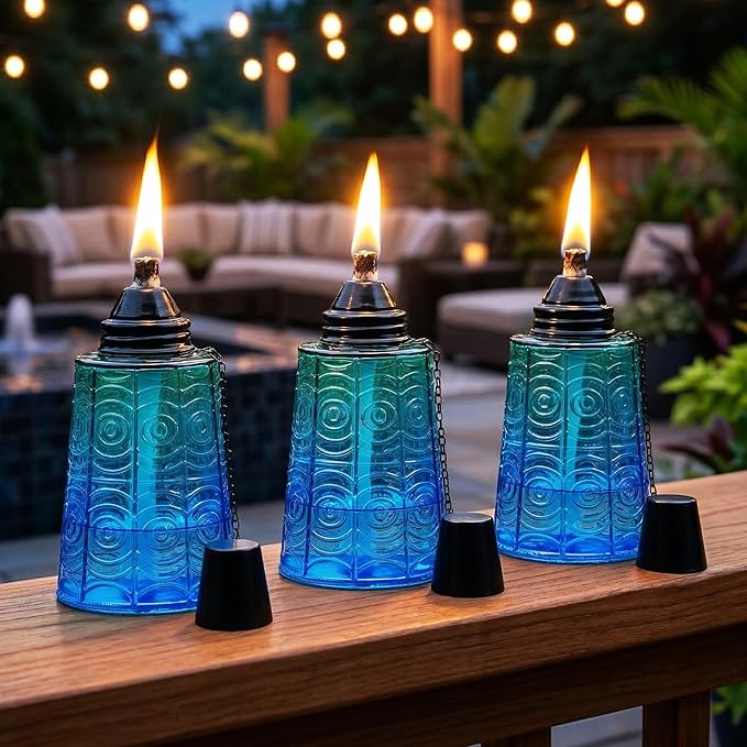 Seraphic Citronella Table Top Torches for Outdoor Patio, 16oz Decorative Glass Torch Citronella Candles for Outside Deck, Garden, Parties, Set of 3, Tropical Blue