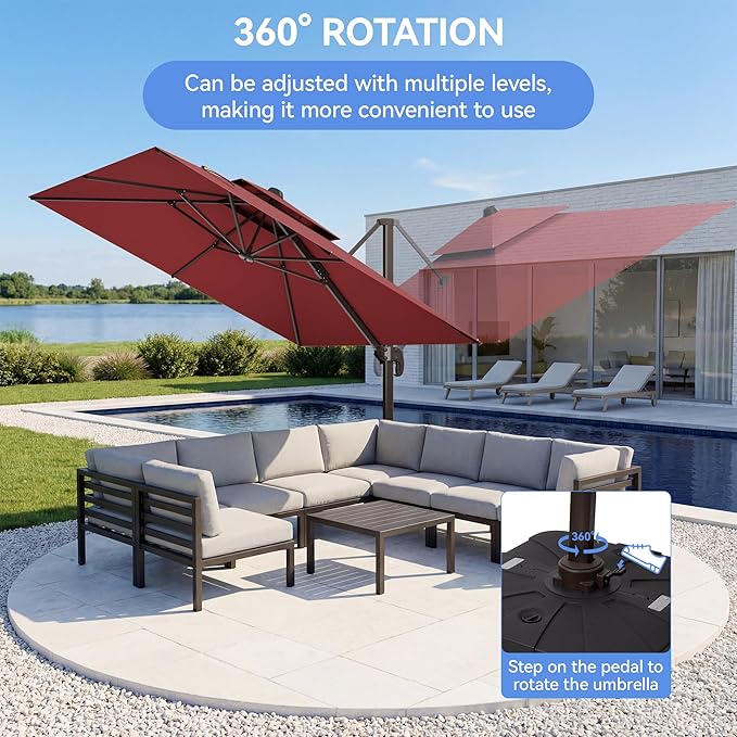 10x10FT Red Cantilever Outdoor Patio Umbrella with Base, Large Square Offset Design, Double Top Heavy Duty Aluminum Frame & 360° Rotation for Pool Garden Deck Backyard