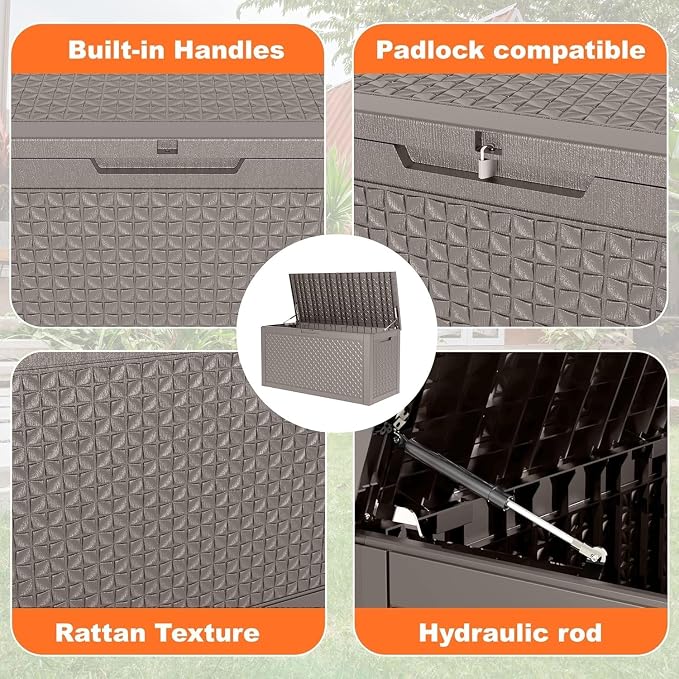 Resin Deck Box, Lockable Patio Outdoor Storage Box for Furniture, Garden Tools and Tools Storage, Waterproof Outside Storage Boxes (Patterned grey, 100 Gallon)