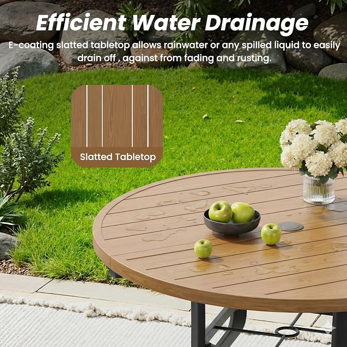Soohow Patio Dining Set for 6, 7-piece Outdoor Dining Set 6 x Stackable Patio Chairs & 1 x Wood-Like Round Table with Umbrella Hole, All-Weather Outdoor Table and Chairs for Backyard, Balcony, Porch