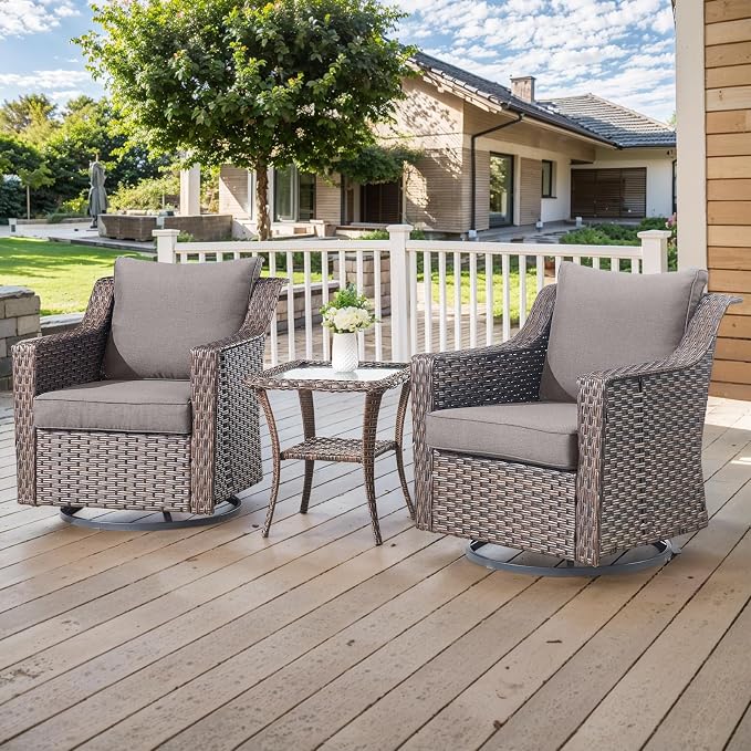 3 Pieces Wicker Patio Furniture-All-Weather Wicker Swivel Patio Chairs with Side Table Patio Bistro Sets for Deck Balcony Poolside Backyard-Brown/Grey