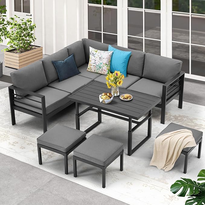 All Weather Aluminum Frame Patio Conversation Set, 7 Pieces Outdoor Patio Furniture, Patio Furniture Set, Outdoor Patio Set for Lawn, Garden, Balcony, Poolside, Conversation Set(Black)