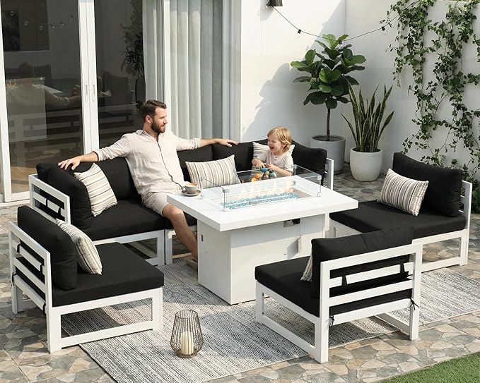 NICESOUL 7 Piece Luxury Aluminum Outdoor Sectional Sofa with Fire Pit Table, Oversized L Shaped Patio Furniture Set, 29" Deep Wide Seating, 500 lbs Heavy Duty Conversation Set for Backyard Deck, Black