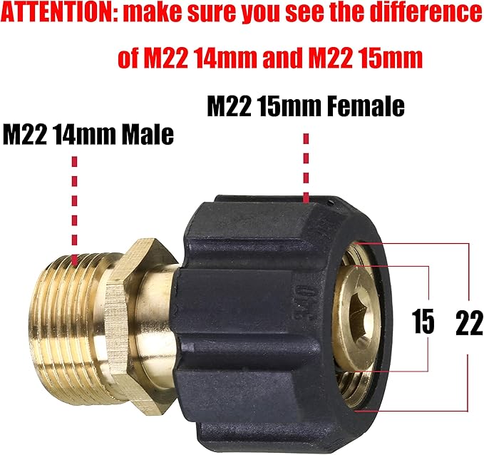 M MINGLE Pressure Washer Adapter, Metric M22 15mm Female Thread to M22 14mm Male Fitting, 4500 PSI