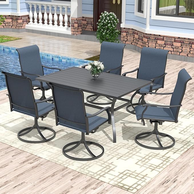 Anmutig 7-Piece Outdoor Patio Dining Set, 6 Patio Dining Chairs & 1 Rectangle Outdoor Dining Table with 1.6"/1.9" Umbrella Hole Blue