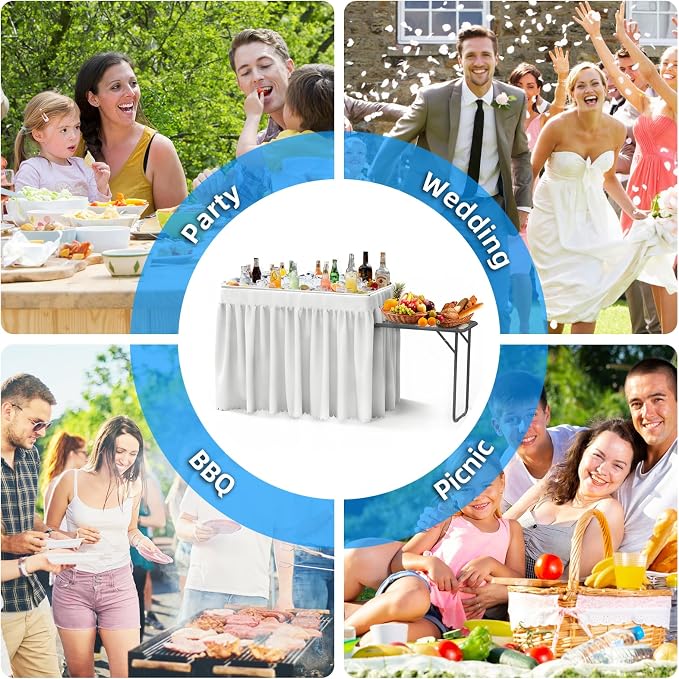 Folding Ice Cooler Table with Metal Side Desktop, Skirt &Drain Hose Plastic Chill Table to Keep Drinks Cool, Portable Self-Serving Beverage Cooling Bar for Parties, Picnics, Barbecues(White