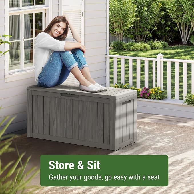 Mars Villa 72 Gallon Deck Box, Outdoor Storage Box Waterproof, Outside Resin Storage Bin for Patio Furniture Cushion, Pool Supply, Garden Tool, UV-Resistant and Weatherproof, with 4 Wheels, Greige