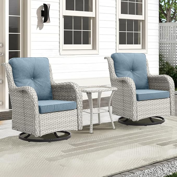 Outdoor Swivel Rocker Patio Chairs-Wicker Patio Swivel Chairs Set of 2 with Side Table PE Rattan Patio Furniture Set for Porch Deck Balcony Garden-Light Grey/Light Blue