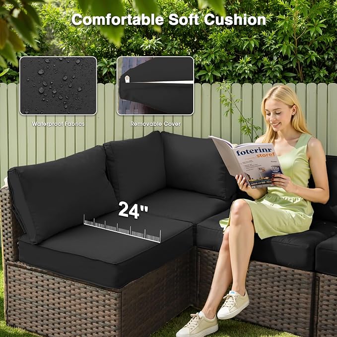 Patio Furniture Set 7 Pieces with 44" Fire Pit Table, Rattan Outdoor Sectional Conversation Sets, All Weather Outdoor Furniture Set with Cushions for Garden Lawn Balcony Porch Deck Black