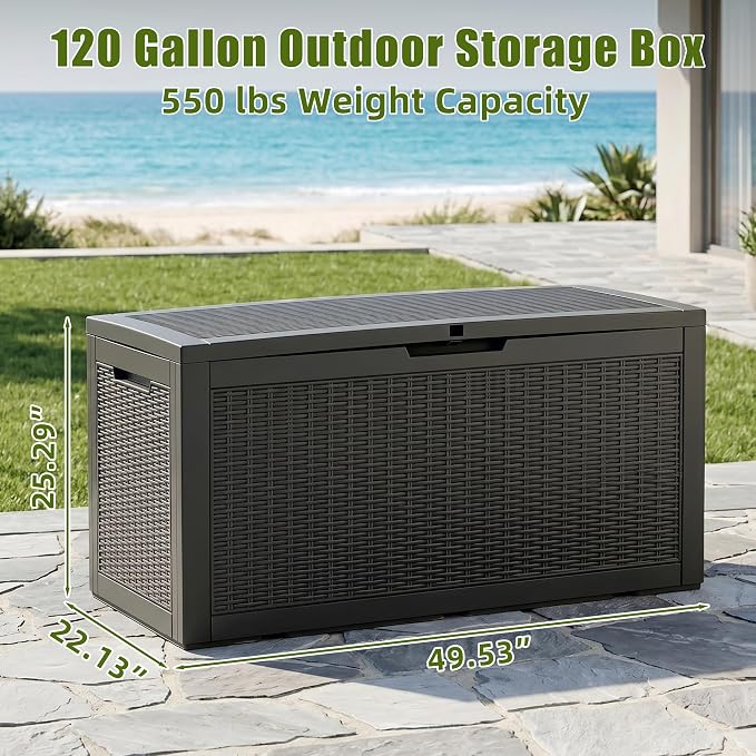 ROJIK 120 Gallon Waterproof Outdoor Deck Storage Box, Lockable Resin Patio Storage Bin with Lid for Garden Tools, Patio Cushions & Outdoor Accessories(Black)
