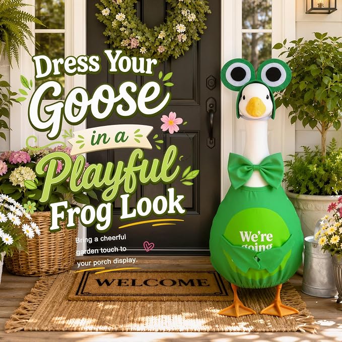 Frog Porch Goose Outfits, 23 inch Green Porch Goose Summer Outfit | Cute Porch Clothes for Summer Garden Decor, Rainy-Day Front Porch
