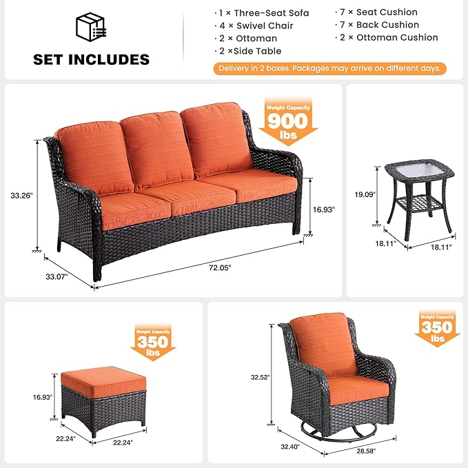 ovios 9-Piece Patio Furniture Set with Swivel Chairs Coffee Table, Outdoor Wicker Sofa with Comfy Cushions, High Back Couch Modern Conversation Sets, Brown/Orange Red