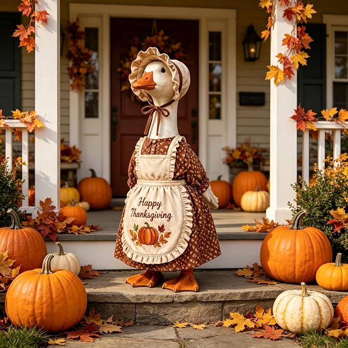 Thanksgiving Pilgrim Porch Goose Outfits for 23'' Goose Statue | Fall Pumpkin Dress Goose Clothes, Pilgrim Costume, ''Happy Thanksgiving'' Apron, Bonnet, Autumn Yard Patio Garden Decor