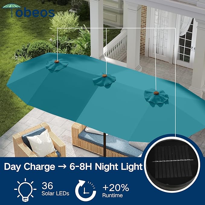 Large Patio Umbrella with Solar Lights and Base, Double-Sided Outdoor Rectangle Umbrella with 48 LED Lights, Market Table Umbrellas with UV Resistant Canopy
