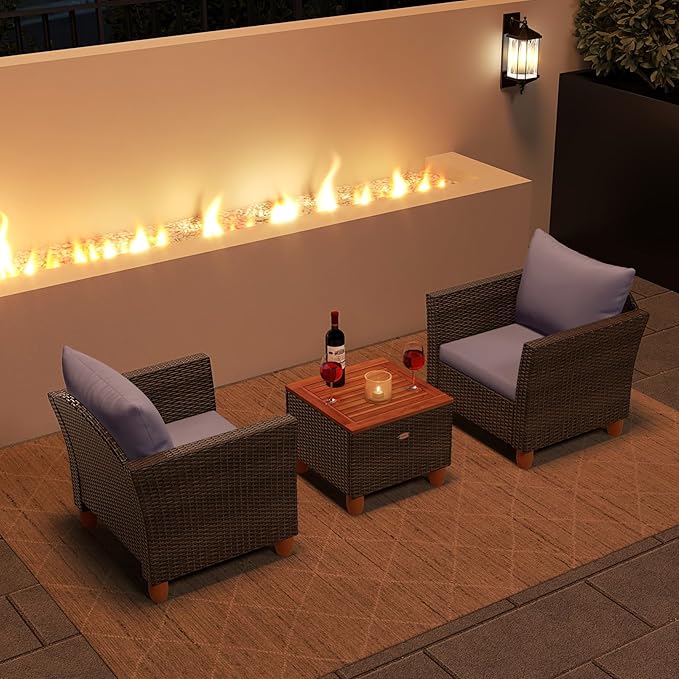 Tangkula 3-Piece Patio Furniture Set, Patiojoy Outdoor PE Wicker Bistro Set with Soft Cushions and Solid Acacia Wood, Outdoor Conversation Set with Porch, Balcony and Garden (Gray)