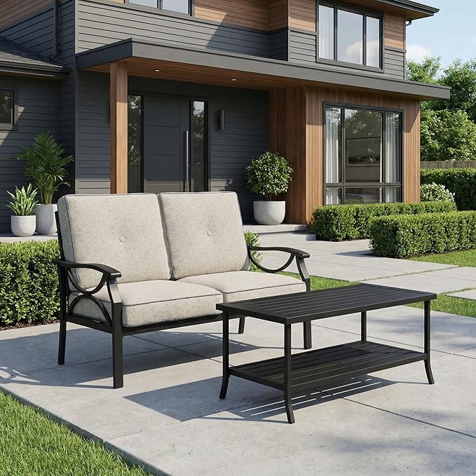 RoyalCraft Outdoor Patio Furniture Set, 3 Piece Patio Conversation Set, Metal Furniture Set for Porch Backyard,Khaki with Gray Cushions