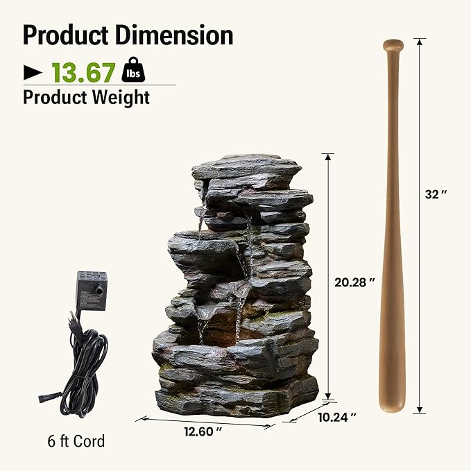 20-Inch Outdoor Water Fountain, 5-Tier Cascading Rock Resin Water Fountain with Warm LED Light, Stone Imitation, Outdoor Water Feature for Garden, Patio, Yard, Deck, Porch, Lawn in Gray