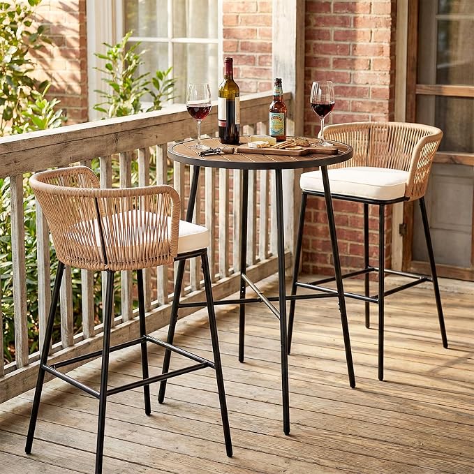 Giantex 41-inches Patio Bar Table, Acacia Wood Pub Table with Heavy-Duty Metal Frame, X-Shaped Support Bars, Adjustable Foot Pads, Round Cocktail Tables for Outdoor, Bistro, Balcony, Gathering