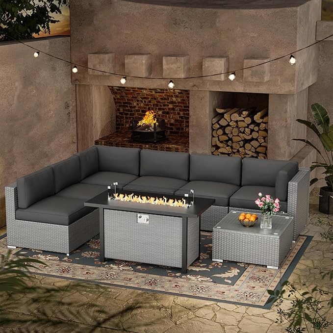 Oakcloud 8-Piece Outdoor Patio Furniture Sofa Set with 45” Propane Gas Fire Pit Table, Grey Rattan Wicker Sectional Conversation Sets with Glass Top Tables and Cushions(Grey, w/Fire Pit Table)