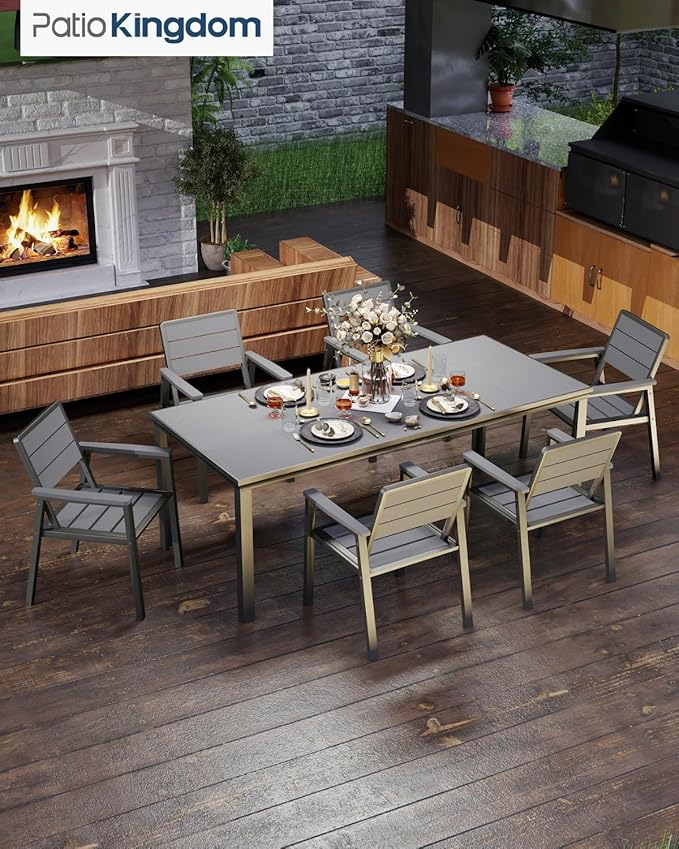 Outdoor Dining Set for 6 with 15FT Umbrella, Aluminum & HDPE Outdoor Table and Chairs, Weather-Resistant All-Season Backyard, Deck & Patio Dining Furniture with 2" Umbrella Hole (Grey)