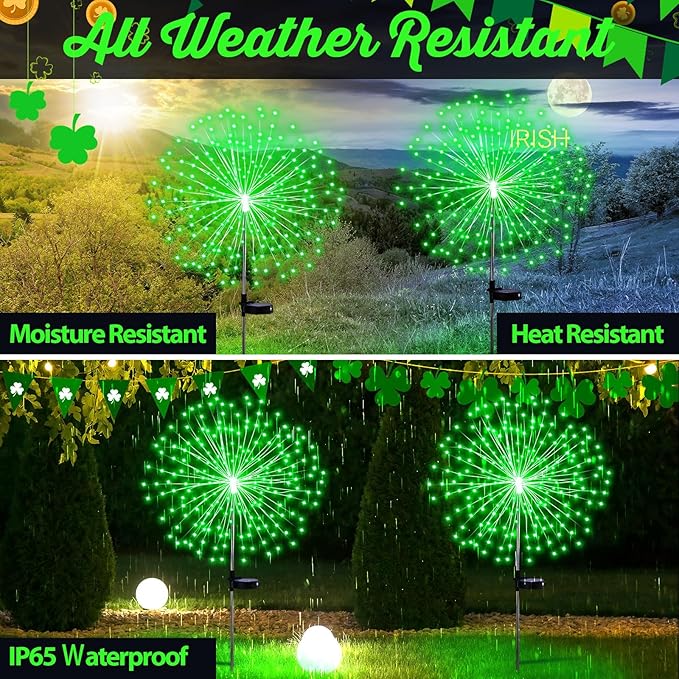 Tujoe 4 Pcs St Patricks Day Solar Lights Solar Firework Lights Decoration 180 LED 8 Modes Waterproof LED Stake Sparkler Decor for Irish Walkway Pathway Driveway Garden Patio Yard Lawn(Green)