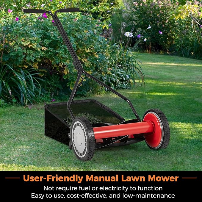 Push Lawn Mower, 14" Manual Rear Mower with 5 Steel Blades, Adjustable Cutting Heights & Grass Catcher Bag, Walk-Behind Grass Cutter Lawn Sweeper for Garden, Park & Yard (Red)