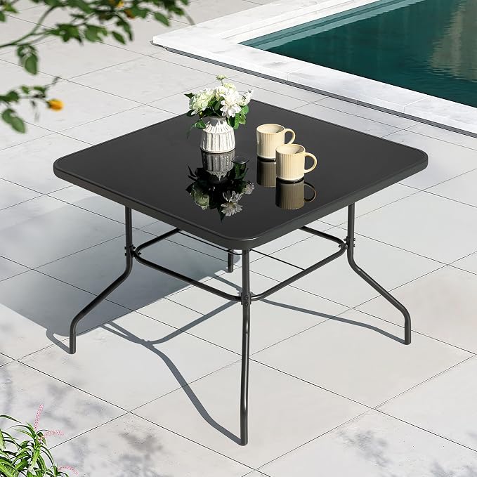 NUU GARDEN 31.5 Inch Square Patio Dining Table, Outdoor Table with Tempered Glass Top and Umbrella Hole, Patio Furniture for Balcony Backyard Poolside, Black