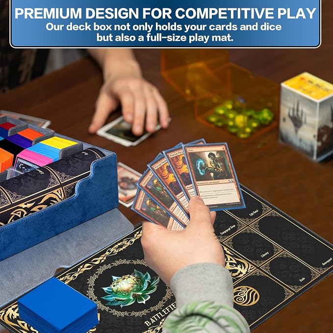 PROMAXIBINDER Trading Card Storage Box Fits 4000+ Cards, 4-Row MTG Commander Deck Case with Playmat, 6 Movable Partitions 24 Dividers PU Leather Magnetic Closure, Magic/TCG/YuGiOh/Sport (Blue&Grey)