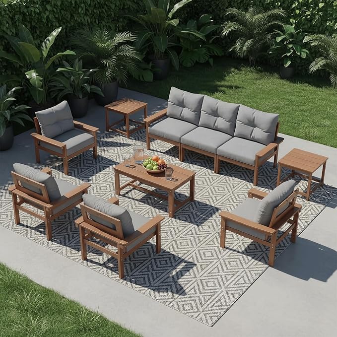 HDPE 7 Piece Patio Furniture Set, All-Weather Outdoor Couch Set with Thick Cushions & Coffee Table & Side Table, Patio Conversation Sets for Lawn, Garden, Porch, Balcony, Deck, Teak