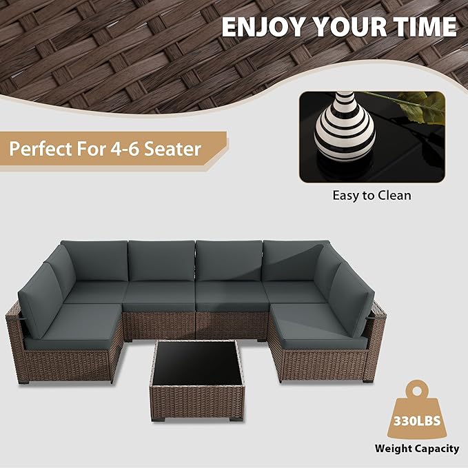 KIGOTY Patio Furniture Set,7 Pieces Modular Outdoor Sectional Sofa, PE Rattan Patio Conversation Set, All Weather Wicker Patio Furniture with Cushions and Coffee Table（Brown/Dark Grey）