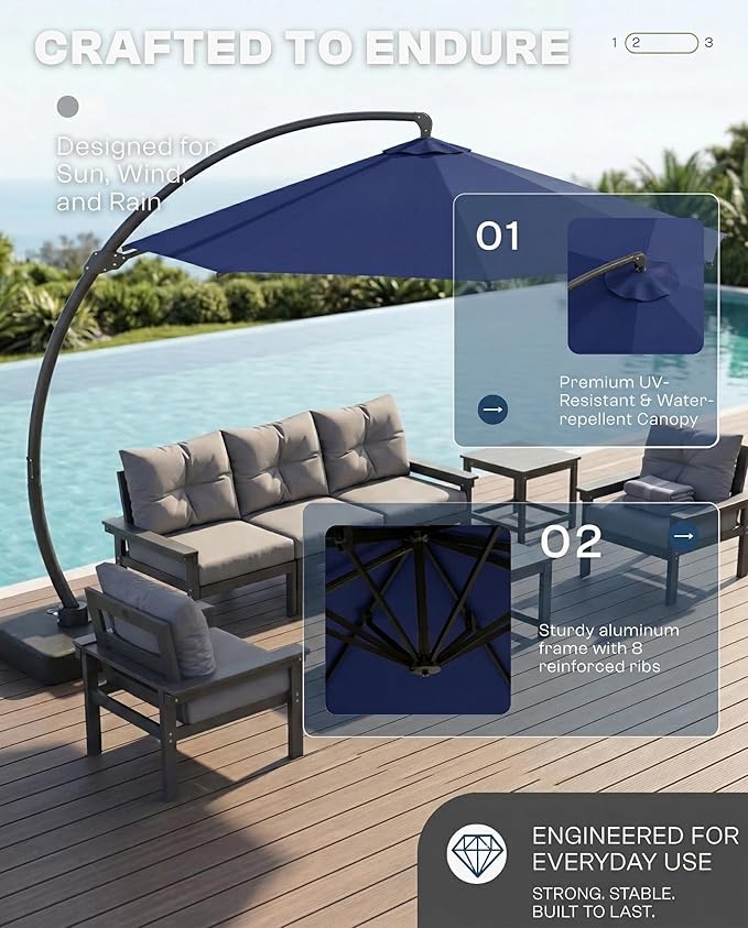11 FT Cantilever Umbrella with Base Included, Large Round 360° Rotation Offset Umbrella Outdoor Patio, Heavy Duty Aluminum Frame, Sand-Weighted Stand, for Deck, Backyard, Pool, Garden (Navy Blue)