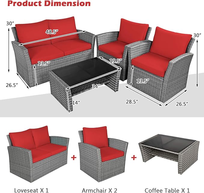 HAPPYGRILL 4 Piece Patio Rattan Furniture Set Outdoor Conversation Set with Cushions and Coffee Table, Sectional Wicker Sofa Set for Garden Porch Balcony Poolside