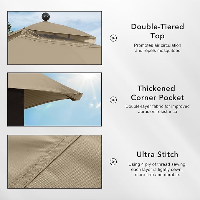 MASTERCANOPY Replacement Canopy Top for Lowe's Allen Roth 10x12 Gazebo #GF-12S004B-1 (Khaki,Polyester)