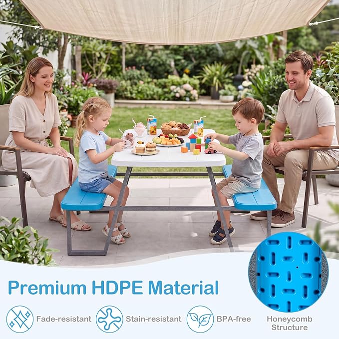 KOTEK Kids Picnic Table with Umbrella, Toddler Outdoor Table and Bench Set, Easy to Clean, HDPE Top & Metal Frame, 660LBS Capacity, Kids Patio Furniture for Backyard Park Garden (Blue)