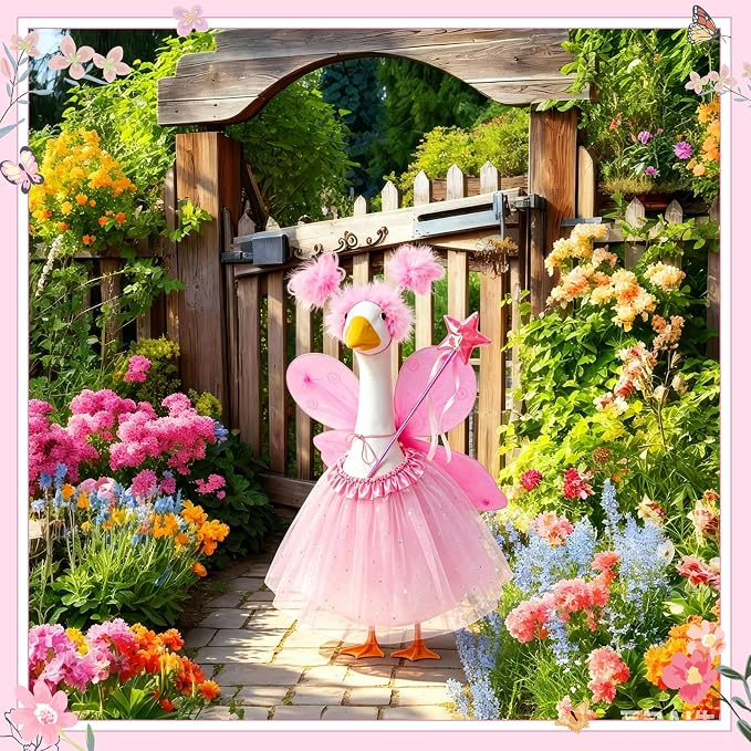 5pcs Butterfly Porch Goose Outfit Costume Tutu Skirt Butterfly Wing Wand Flower Crown for 17‘' 23‘' Cement Goose