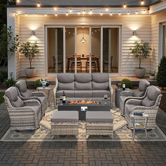 HUMMUH Luxury Patio Furniture Set 6-inch Thick Cushions High Back Swivel Rocker Chairs & 3 Seater-Couch & Steel Fire Pit Table 11 Pieces Outdoor Conversation Set for Porch,Deck,Backyard