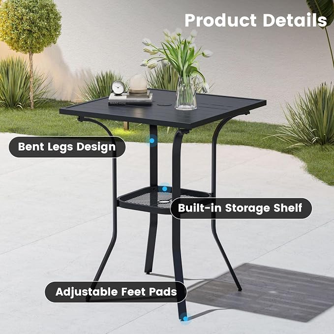 DIFY Patio Bar Height Table, 28" Square Outdoor Pub Table with 1.57" Umbrella Hole for Bistro, Garden, Poolside and Balcony, Black