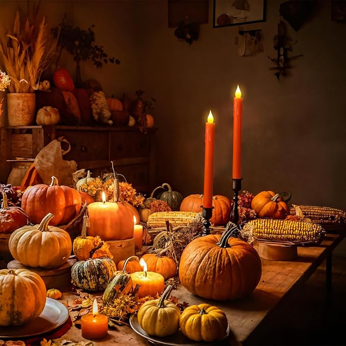 6PCS Thanksgiving Flameless Taper Candles - Orange Candles Battery Operated Flickering Real Paraffin Wax Dripping Wax 3D Wick Lights Led for Thanksgiving, Halloween, Fall Party Decorations