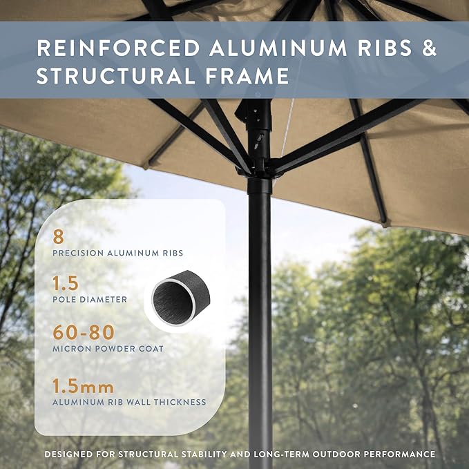 California Umbrella 8-Year Protection 9 Ft Outdoor Patio Umbrella, Solstice Fade-Resistant Fabric, Auto-Tilt, Heavy Duty Aluminum Frame, 8 Reinforced Ribs for Pool or Deck, Black Pole, Champagne