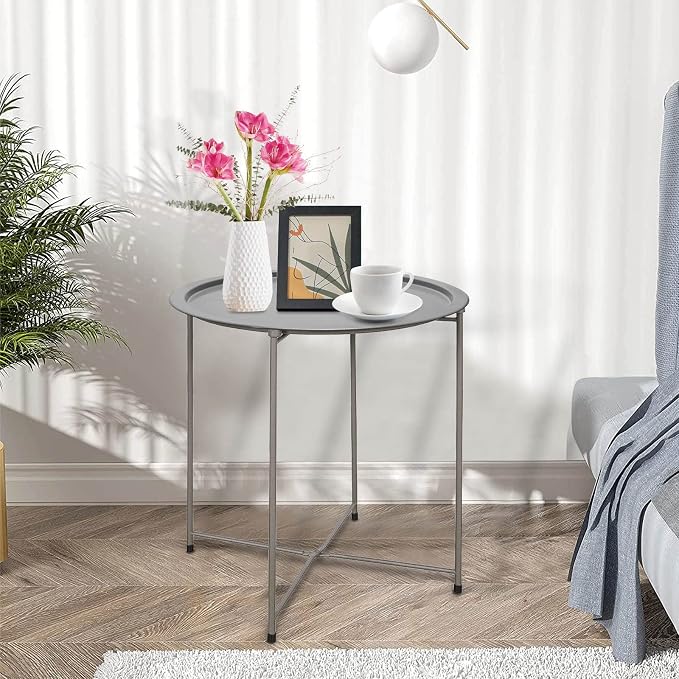 Garden 4 you End Table Metal Side Table Grey Round Folding Tray Cyan Sofa Small Accent Fold-able Table, Round End Table Tray, Next to Sofa Table, Snack Table for Living Room and Bed Room
