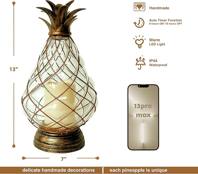 MOZEAL 13" Outdoor Glass Pineapple Lantern,Ip44 Waterproof,6 Hours Timer,Decorative Candle Lantern,with Flameless Candles,Battery Operated,for Front Porch/Patio/Beach/Garden/Pineapple Theme Decor