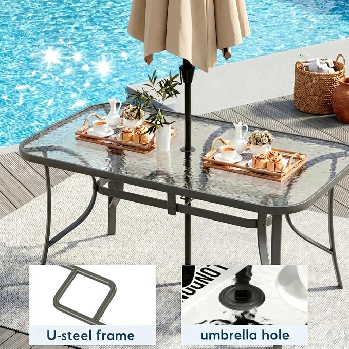 Arlopu 7-Piece Outdoor Table and Chairs for 6, Outdoor Dining Set W/Rectangle Glass Table and 6 Patio Textilene Stackable Chairs, Patio Furniture Set W/Umbrella Hole (Grey Table & Navy Blue Chair)