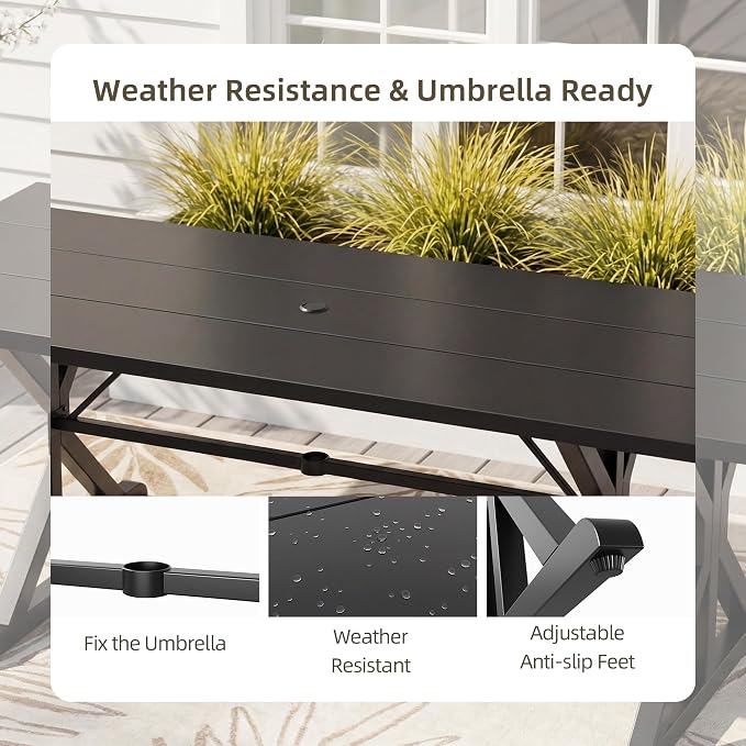 5 Pieces Patio Dining Set Outdoor Conversation Set,Metal Outdoor Furniture Set with Umbrella Hole Cut-Out 78.7" x 35.4" Table and 4 Metal Backrest Swivel Chairs for Backyard,Garden,Grey